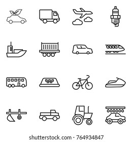 Thin line icon set : eco car, delivery, journey, spark plug, sea shipping, truck, train, bus, taxi, bike, jet ski, plow, pickup, tractor, wash