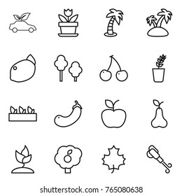 Thin line icon set : eco car, flower, palm, island, lemon, trees, cherry, seedling, eggplant, apple, pear, sprouting, garden, maple leaf, blower