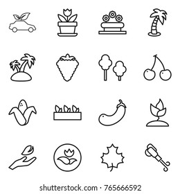 Thin line icon set : eco car, flower, bed, palm, island, berry, trees, cherry, corn, seedling, eggplant, sprouting, hand leaf, ecology, maple, blower