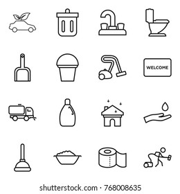 Thin line icon set : eco car, bin, water tap, toilet, scoop, bucket, vacuum cleaner, welcome mat, sweeper, cleanser, house cleaning, hand and drop, plunger, foam basin, paper