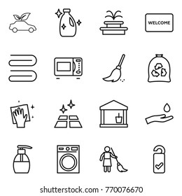 Thin Line Icon Set : Eco Car, Cleanser, Fountain, Welcome Mat, Towel, Microwave Oven, Broom, Garbage Bag, Wiping, Clean Floor, Utility Room, Hand And Drop, Liquid Soap, Washing Machine, Brooming