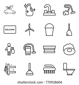 Thin line icon set : eco car, cleanser, water tap, vacuum cleaner, welcome mat, windmill, bucket, broom, trash, sponge, soap, skyscrapers cleaning, plunger, brush, toilet