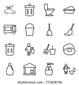 Thin Line Icon Set : Eco Car, Bin, Toilet, Washing, Microwave Oven, Bucket, Broom, Trash, And, Soap, Cleanser, Utility Room, Liquid, Cleaning