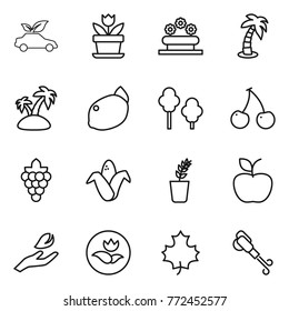 Thin line icon set : eco car, flower, bed, palm, island, lemon, trees, cherry, grape, corn, seedling, apple, hand leaf, ecology, maple, blower