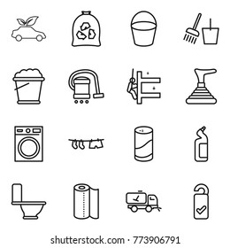 Thin line icon set : eco car, garbage bag, bucket, and broom, foam, vacuum cleaner, skyscrapers cleaning, plunger, washing machine, drying clothe, cleanser powder, toilet, paper towel, home call