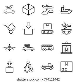 Thin line icon set : eco car, box, journey, sea shipping, trolley, package, transporter tape, plane, baggage, bus, detector, invalid, pickup