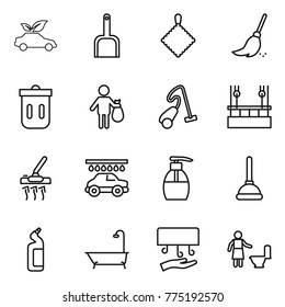 Thin line icon set : eco car, scoop, rag, broom, trash bin, vacuum cleaner, skysrcapers cleaning, wash, liquid soap, plunger, toilet cleanser, bath, hand dryer