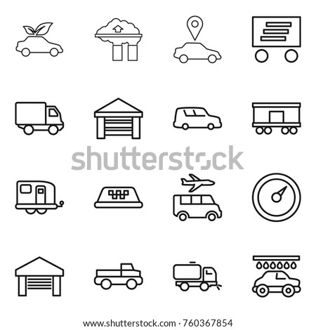 Thin line icon set : eco car, factory filter, pointer, delivery, garage, shipping, railroad, trailer, taxi, transfer, barometer, pickup, sweeper, wash