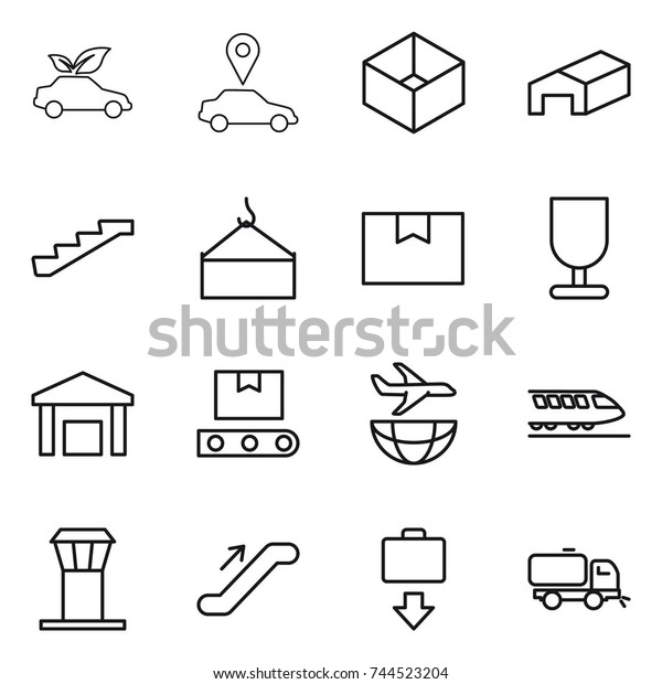 thin line\
icon set : eco car, pointer, box, warehouse, stairs, loading crane,\
package, fragile, transporter tape, plane shipping, train, airport\
tower, escalator, baggage get,\
sweeper
