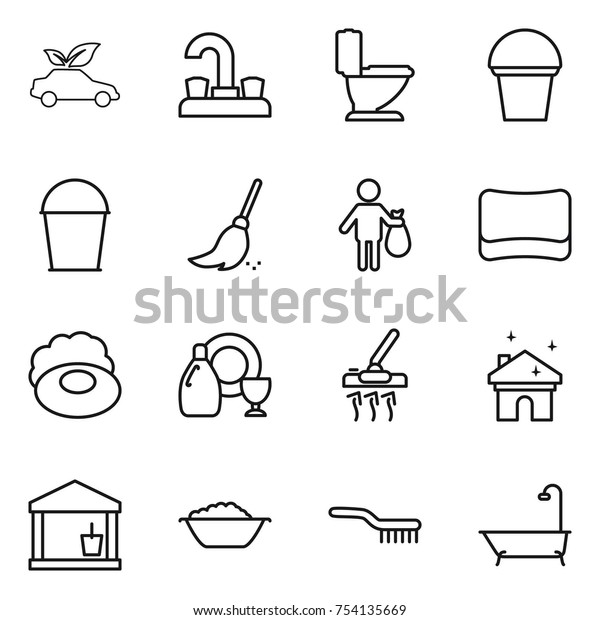 thin line icon set\
: eco car, water tap, toilet, bucket, broom, trash, sponge, soap,\
dish cleanser, vacuum cleaner, house cleaning, utility room, foam\
basin, brush, bath