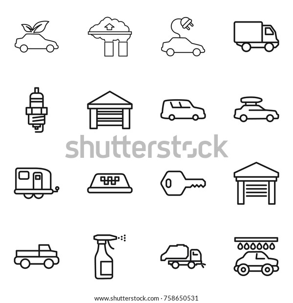 Thin line icon set : eco car,\
factory filter, electric, delivery, spark plug, garage, shipping,\
baggage, trailer, taxi, key, pickup, sprayer, trash truck,\
wash