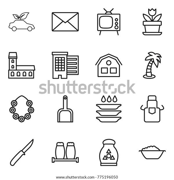 Thin line icon set : eco\
car, mail, tv, flower, mansion, houses, house, palm, hawaiian\
wreath, scoop, plate washing, apron, knife, salt pepper,\
fertilizer, foam basin