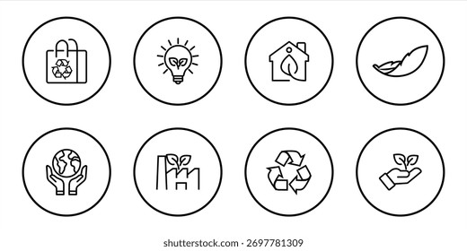Thin line icon set for ecology, environment, and sustainability concepts. Collection of symbols on a white background. Editable strokes. Vector illustration.