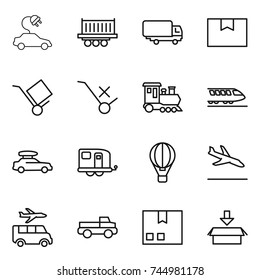 thin line icon set : electric car, truck shipping, package box, trolley, do not sign, train, baggage, trailer, air ballon, arrival, transfer, pickup