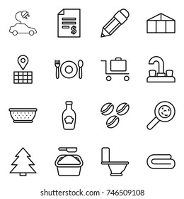 thin line icon set : electric car, account balance, pencil, greenhouse, map, cafe, baggage trolley, water tap, colander, ketchup, coffee seeds, viruses, spruce, washing powder, toilet, towel