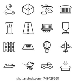thin line icon set : electric car, box, journey, airport building, tower, road, truck shipping, fragile, pallet, taxi, air ballon, airplane, yacht, wheelbarrow, pickup, package