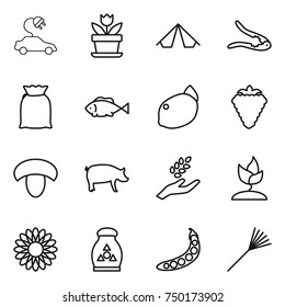 thin line icon set : electric car, flower, tent, walnut crack, flour, fish, lemon, berry, mushroom, pig, harvest, sprouting, fertilizer, peas, rake