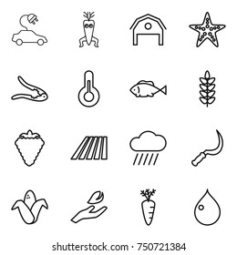 thin line icon set : electric car, dna modify, barn, starfish, walnut crack, thermometer, fish, spikelets, berry, field, rain cloud, sickle, corn, hand leaf, carrot, drop