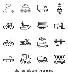 thin line icon set : electric car, lunar rover, delivery, spark plug, bike, sea shipping, truck, fork loader, motorcycle, transfer, plow, pickup, tractor, sweeper, wash