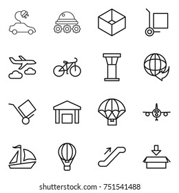 thin line icon set : electric car, lunar rover, box, cargo stoller, journey, bike, airport tower, delivery, trolley, warehouse, parachute, plane, sail boat, air ballon, escalator, package