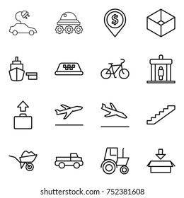 thin line icon set : electric car, lunar rover, dollar pin, box, port, taxi, bike, detector, baggage, departure, arrival, stairs, wheelbarrow, pickup, tractor, package