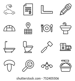 thin line icon set : electric car, account balance, ruler, pencil, greenhouse, map, cafe, sink, bath, toilet, meat hammer, food processor, mushroom, viruses, hard reach place cleaning