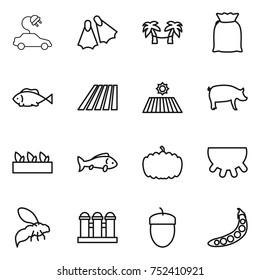 thin line icon set : electric car, flippers, palm hammock, flour, fish, field, pig, seedling, pumpkin, udder, wasp, grain elevator, acorn, peas