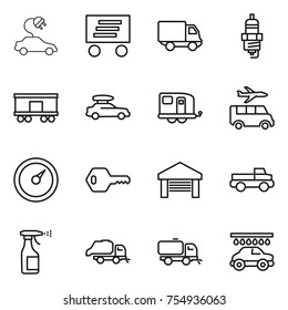 thin line icon set : electric car, delivery, spark plug, railroad shipping, baggage, trailer, transfer, barometer, key, garage, pickup, sprayer, trash truck, sweeper, wash