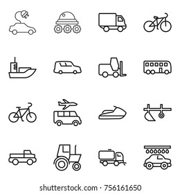 Thin line icon set : electric car, lunar rover, delivery, bike, sea shipping, fork loader, bus, transfer, jet ski, plow, pickup, tractor, sweeper, wash