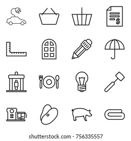 Thin line icon set : electric car, basket, account balance, ruler, arch window, pencil, dry cargo, detector, cafe, bulb, meat hammer, food processor, beans, pig, towel
