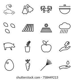 Thin line icon set : electric car, flippers, palm hammock, cauldron, seeds, field, rain cloud, pig, seedling, apple, hand leaf, egg, carrot, rake, and drop