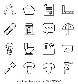 Thin line icon set : electric car, basket, account balance, ruler, pencil, building, sms, dry cargo, bulb, toilet, repair tools, colander, meat hammer, mushroom, sprayer