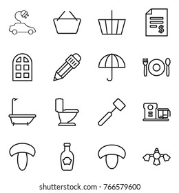 Thin line icon set : electric car, basket, account balance, arch window, pencil, dry cargo, cafe, bath, toilet, meat hammer, food processor, mushroom, ketchup, hard reach place cleaning