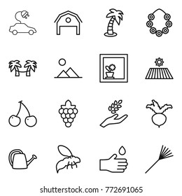 Thin line icon set : electric car, barn, palm, hawaiian wreath, hammock, landscape, flower in window, field, cherry, grape, harvest, beet, watering can, wasp, hand drop, rake