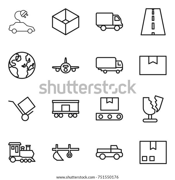 thin line icon set : electric car,\
box, delivery, road, globe, plane, shipping, package, trolley,\
railroad, transporter tape, broken, train, plow,\
pickup