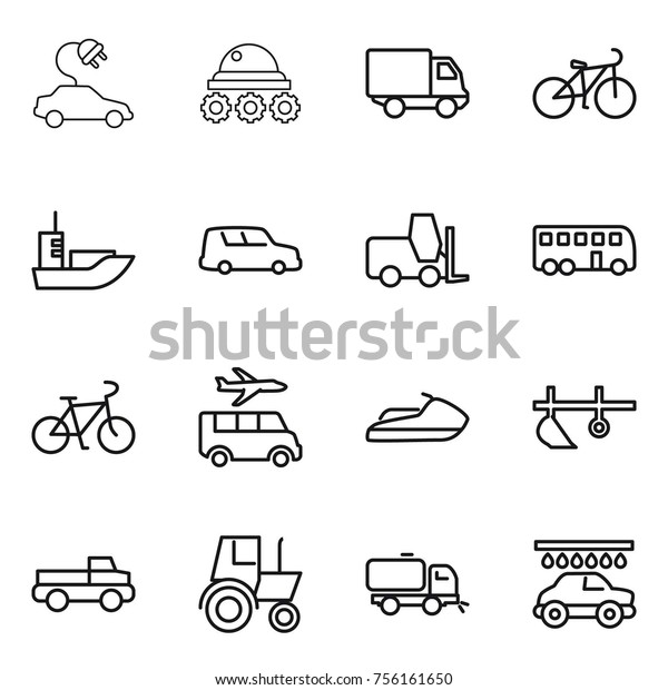 Thin line icon set : electric car,\
lunar rover, delivery, bike, sea shipping, fork loader, bus,\
transfer, jet ski, plow, pickup, tractor, sweeper,\
wash