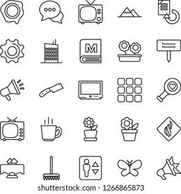 Thin Line Icon Set - elevator vector, tv, document reload, stamp, flower in pot, rake, butterfly, plant label, heart diagnostic, dialog, menu, settings, mountains, city house, restaurant table