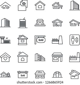 Thin Line Icon Set - elevator vector, shop, airport building, office, house, greenhouse, store, with garage, tree, warehouse, estate document, sold signboard, sweet home, city, factory, cafe, eco