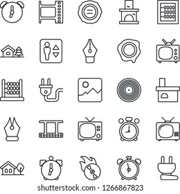 Thin Line Icon Set - elevator vector, alarm clock, tv, stamp, fireplace, film frame, vinyl, flame disk, gallery, abacus, ink pen, house with tree, power plug