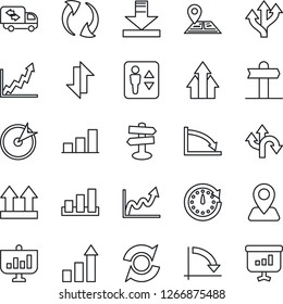 Thin Line Icon Set - elevator vector, growth statistic, crisis graph, route, signpost, navigation, up side sign, sorting, update, data exchange, download, bar, moving, target, arrow, clock