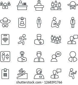 Thin Line Icon Set - elevator vector, reception, manager, speaking man, pedestal, team, run, doctor, support, speaker, identity card, desk, career ladder, estate agent, dress code, pass