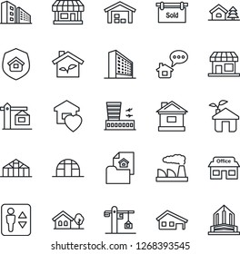 Thin Line Icon Set - elevator vector, airport building, office, factory, house, greenhouse, store, with garage, tree, warehouse, estate document, sold signboard, sweet home, crane, insurance, eco