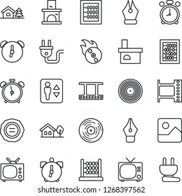 Thin Line Icon Set - elevator vector, alarm clock, tv, abacus, stamp, fireplace, film frame, vinyl, flame disk, gallery, ink pen, house with tree, power plug