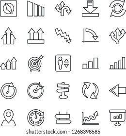 Thin Line Icon Set - elevator vector, signpost, left arrow, crisis graph, route, navigation, up side sign, sorting, update, download, compass, bar, target, clock, growth, presentation