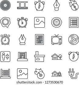 Thin Line Icon Set - elevator vector, alarm clock, tv, abacus, stamp, fireplace, film frame, vinyl, flame disk, gallery, ink pen, house with tree, power plug