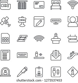 Thin Line Icon Set - elevator vector, escalator, signpost, reception, flight table, identity card, pen, document, satellite, mail, sim, notes, wireless, face id, news, paper tray, bedroom, reserved