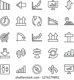 Thin Line Icon Set - elevator vector, left arrow, crisis graph, route, signpost, navigation, up side sign, sorting, update, data exchange, download, compass, bar, target, clock, growth, presentation