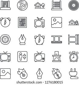 Thin Line Icon Set - elevator vector, alarm clock, tv, abacus, stamp, fireplace, film frame, vinyl, flame disk, gallery, ink pen, house with tree, power plug