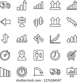 Thin Line Icon Set - elevator vector, left arrow, growth statistic, crisis graph, route, signpost, navigation, up side sign, sorting, data exchange, bar, moving, target, clock, presentation
