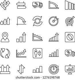 Thin Line Icon Set - elevator vector, signpost, growth statistic, crisis graph, route, navigation, up side sign, sorting, update, data exchange, compass, bar, moving, target, arrow, clock